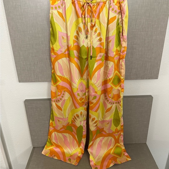 Zara SS22 Colorful Mod Satin Wide Leg Pants & Top l Set sz L - Picture 8 of 15